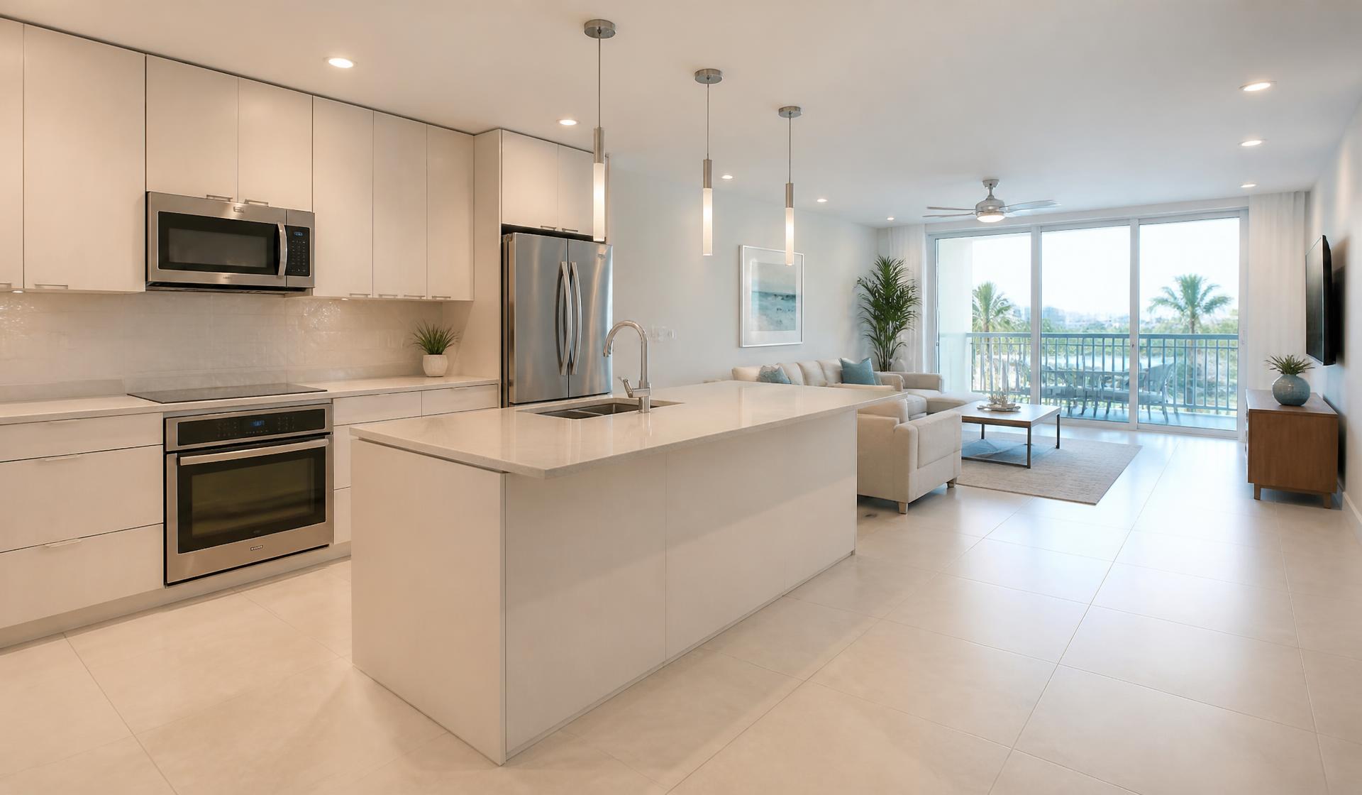 Bright renovated open-plan kitchen and living area in a South Florida home