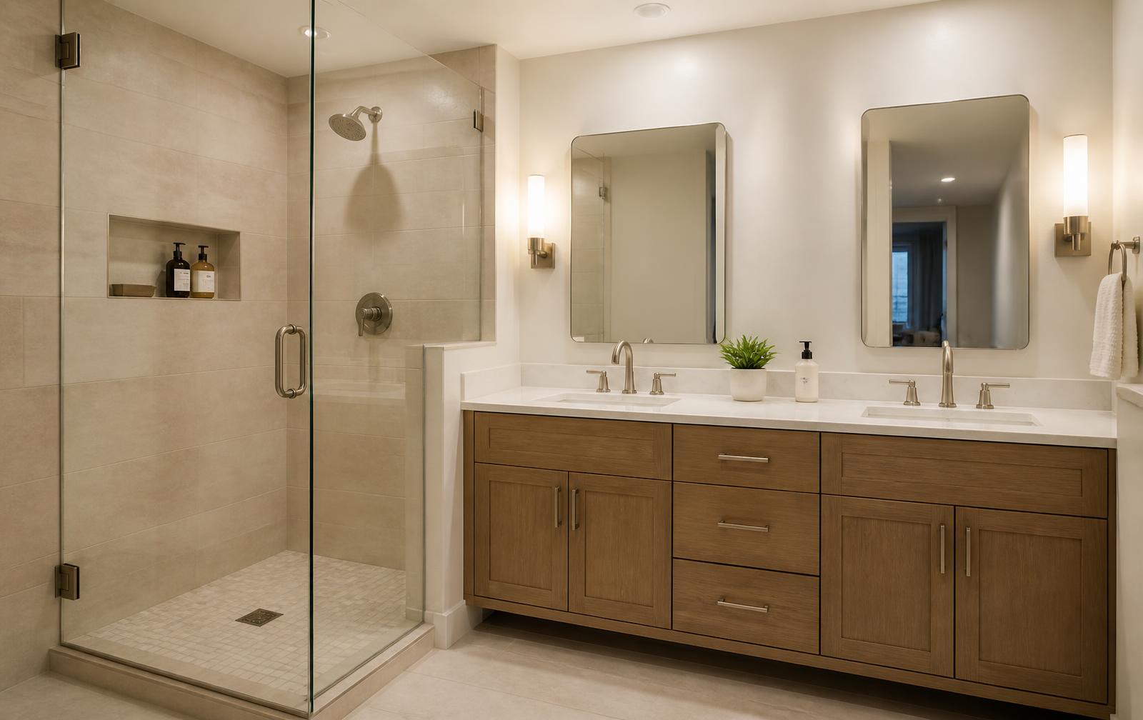 Renovated bathroom with tiled walk-in shower, vanity and modern fixtures