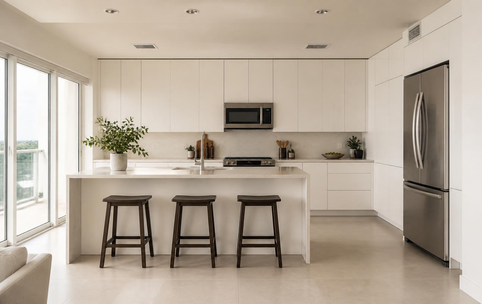 Renovated kitchen with custom cabinetry, quartz countertops and tile backsplash