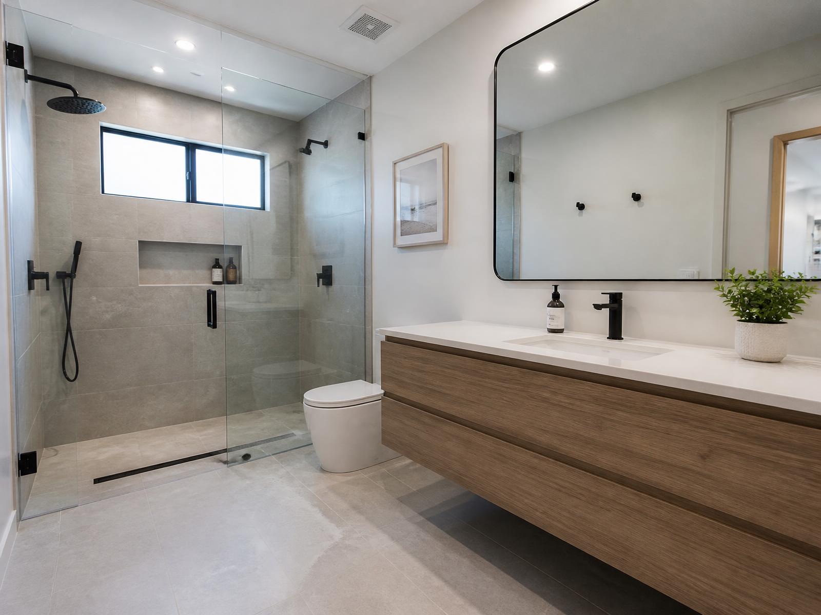 Bathroom remodeling project with tiled walk-in shower and vanity